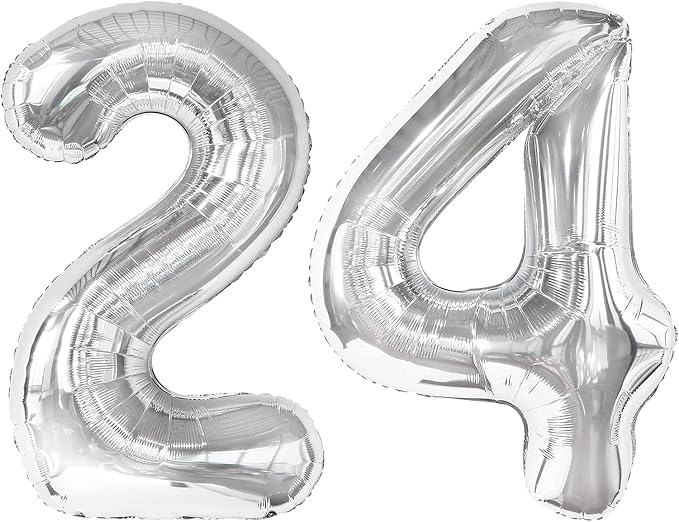 24 Balloon - Silver Birthday Number Balloons, 40 Inch Decorations Men Women | by ALPHADELTAPI