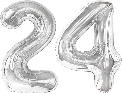 24 Balloon - Silver Birthday Number Balloons, 40 Inch Decorations Men Women | by ALPHADELTAPI