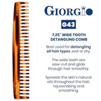 Giorgio G43 Large 7.25 Inch Detangling Comb, Wide Teeth for Thick Curly Wavy Hair. Long Hair Detangler Comb For Wet and Dry. Handmade of Quality Cellulose, Saw-Cut, Hand Polished, Tortoise Shell