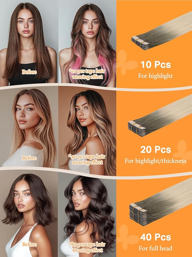 DOORES Tape in Balayage Light Ash Brown to Ash Blonde 20 Inch 40pcs 100g Human Hair Extensions Real Human Hair Straight Skin Weft