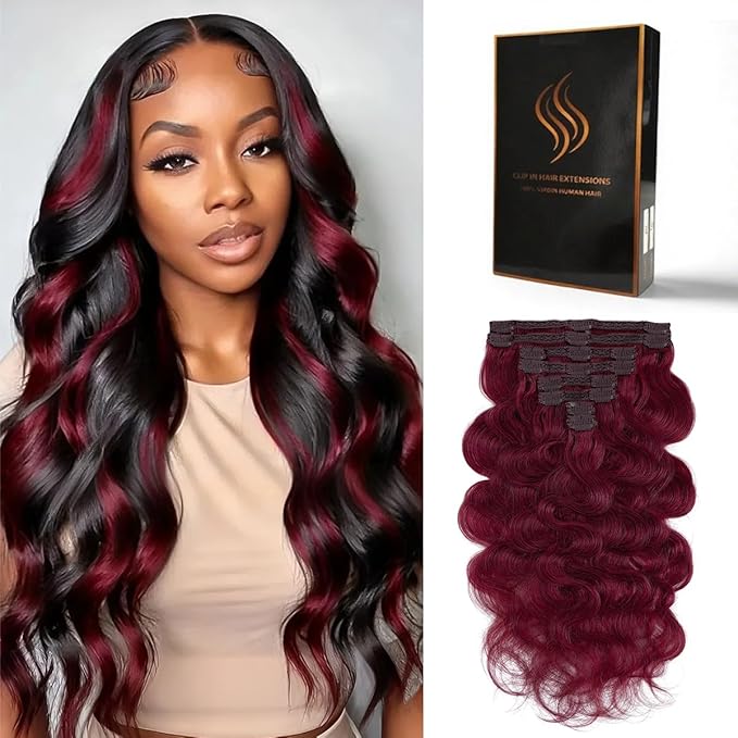 Clip in Hair Extensions Real Human Hair Body Wave 99J Burgundy Clip in 100% Brazilian Remy Human Hair Extensions 8pcs Per Set with 18 Clips Double Weft 24 Inch 120g/3.6oz