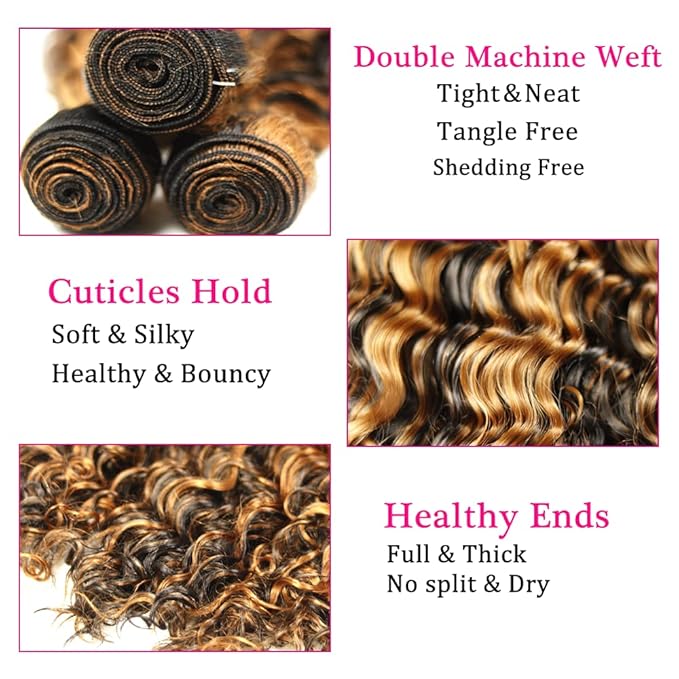 Highlight Bundles Human Hair P1B30 Deep Wave Bundle Brazilian Virgin Remy Hair 3 Bundles 12 14 16 Inch Niegmeag Double Weft 2 Tone Black and Light Brown Deep Wave Bundle