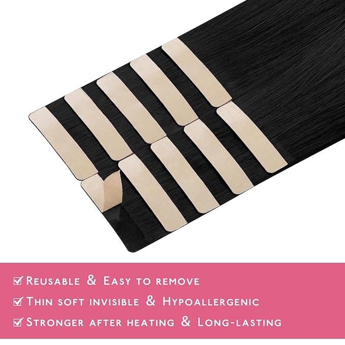 WENNALIFE Tape in Hair Extensions Human Hair Jet Black Tape in Extensions, 10pcs 20g 12 inch Remy Invisible Tape Ins Straight Colored Soft Real Human Hair Tape in Extensions Refill Set Extensions