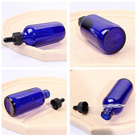 12 Pack 4oz Cobalt Blue Glass Bottles with Glass Eye Droppers for Essential Oils, Perfumes & Lab Chemicals (Brush, Funnels, 2 Extra Droppers, 24 Pcs Labels & 30ml Measuring Cup Included)