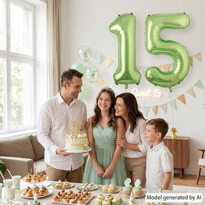 Light Green Number 15 Balloon 40 Inch, Shiny Foil Double Digit Party Decor | - Image 3