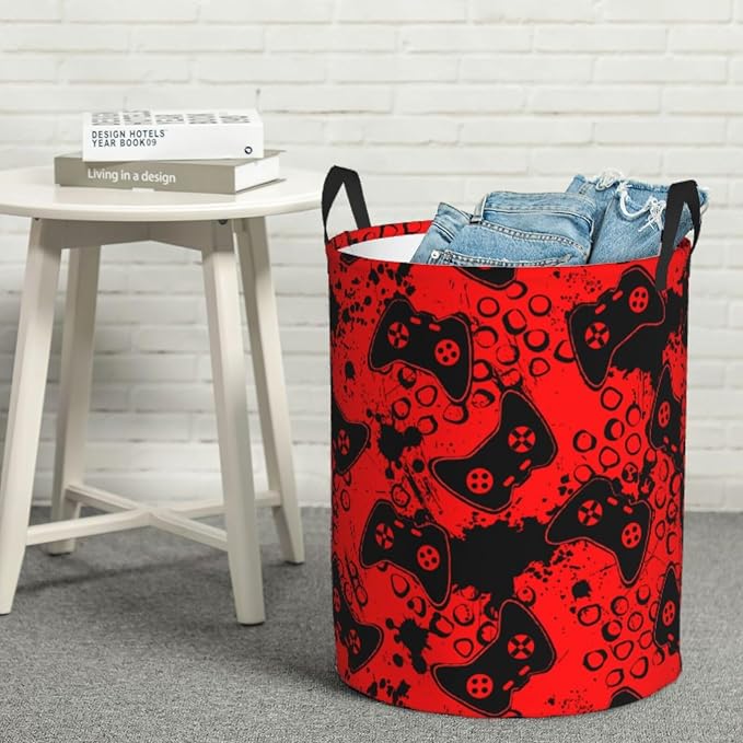 Game Joysticks Red Background Round Laundry Hamper Storage Basket Toys Clothes - Image 7