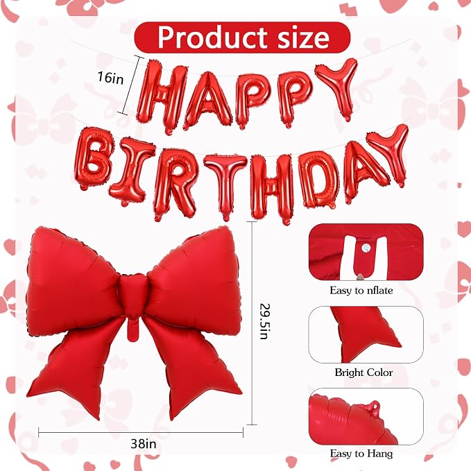 Vuzvuv Red Happy Birthday Balloons, 38 Inches Huge Red Bow Aluminum Foil - Image 2