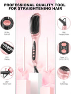 LANDOT Rose Gold Hair Straightener Brush - Elegant Gift for Women, Ionic Ceramic Straightening Brush for Smooth & Shiny Hair, Dual Voltage with 12 Adjustable Heat Settings 250°F-450°F