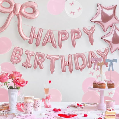 Bow Party Decorations Pink Happy Birthday Balloons Banner Pink Birthday - Image 4