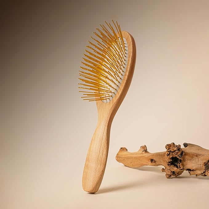 Snow Fox Skincare Gua Sha Hair Brush - Wooden Edition. Scalp Massage Comb with Gold-Plated Metal Bristles for Healthy Follicles. Soothing Gua Sha Acupressure Tool for All Hair Types