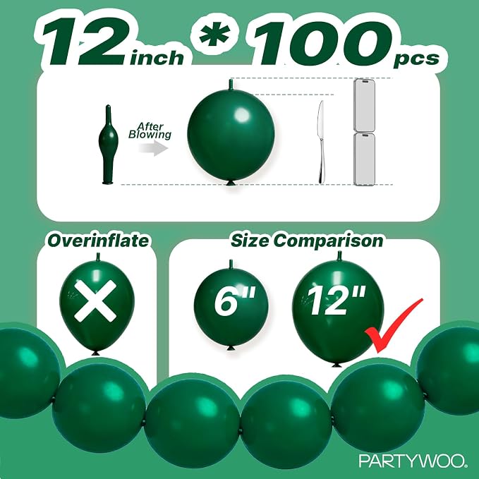 PartyWoo Dark Green Linking Balloons 100pcs 12 Inch Emerald Link Balloons | - Image 4