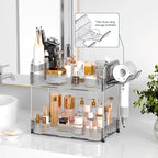 Bathroom Countertop Organizer,Makeup Counter Organizer With Hair Dryer Holder,Compatible with Dyson Blow Dryer,Electric Toothbrush And Toothpaste Holder,2-Tier Detachable Design,Transparent