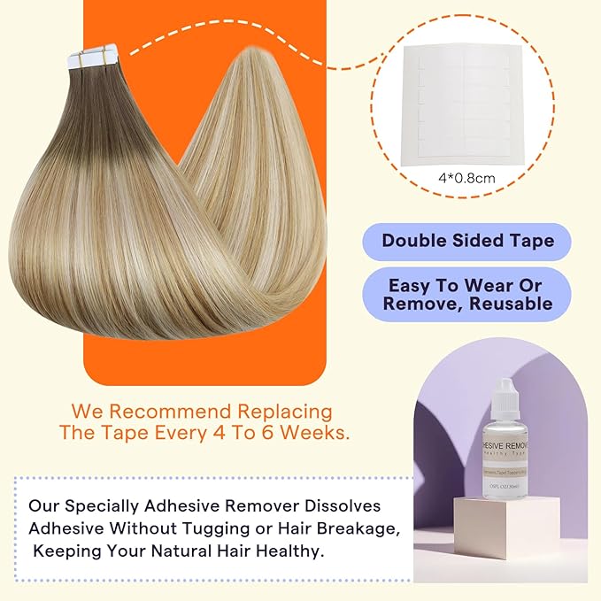 Full Shine Tape in Hair Extensions Ombre Human Hair 20 Inch 50g Real Hair Tape in Extensions Balayage Color 6 Chestnut Brown to 27 Honey Blonde and 60 Platinum Blonde Remy Soft Hair Extensions 20pcs