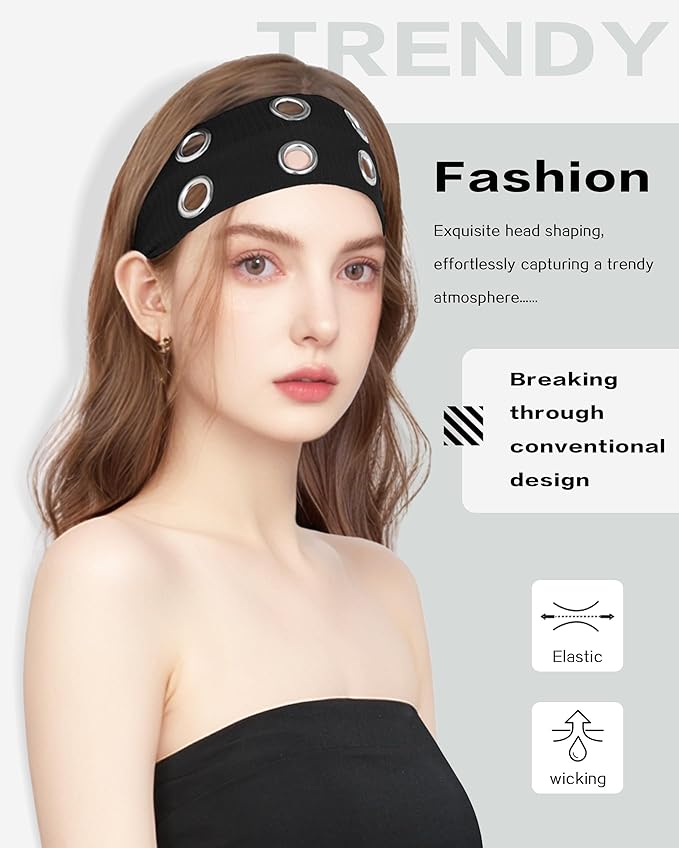 Grommet Headband for Women, Plus Black 23cm Hollow Out Elastic Hair Band, Eyelets Punk Grunge Stylish Hairband