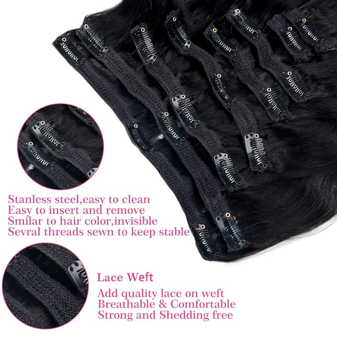 28Inch Clip in Hair Extensions Real Human Hair Body Wave 8Pcs Brazilian Human Hair Clip in Extensions with 18Clips Double Lace Weft 120g #1B Natural Black