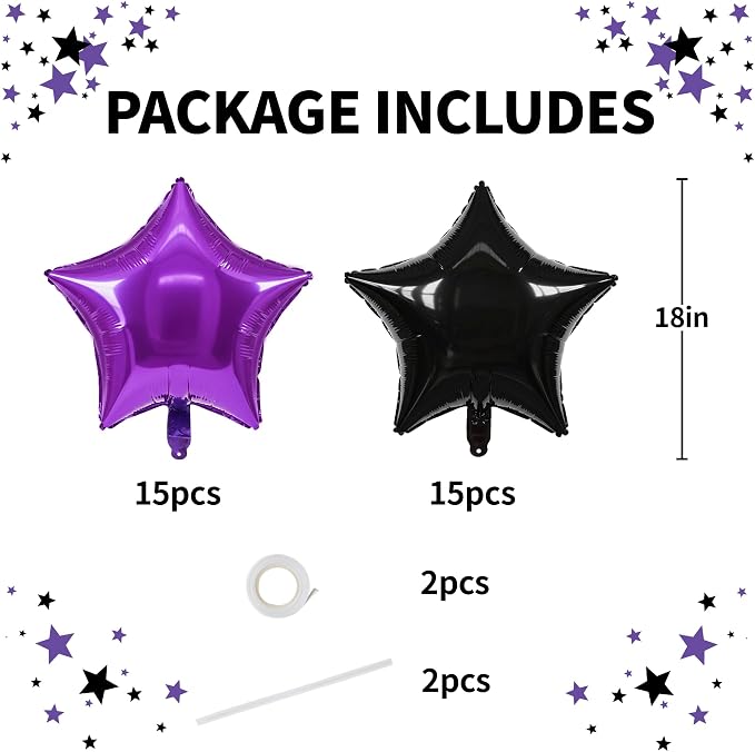 TONIFUL 30 Pcs Star Shaped Balloons 18 Inch Large Black Purple Foil Balloon | - Image 2
