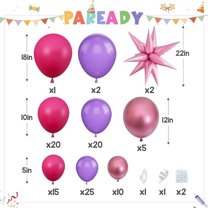Hot Pink Purple Balloon Garland Kit, 104 Piece Mixed Size Latex Balloons - Image 4