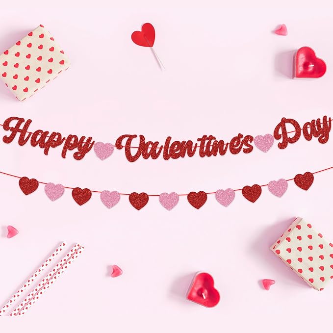 Happy Valentines Day Banner Glitter Valentines Banner Red Pink Heart Garland - Image 4