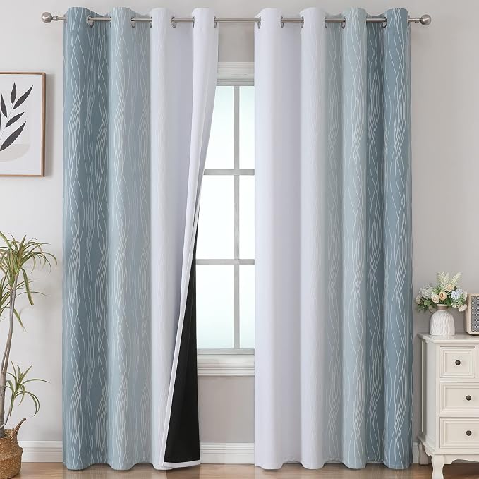 Stone Blue and Greyish White Ombre Blackout Curtains 90 Inch Length 2 Panels Set by ESTELARTEXTILER