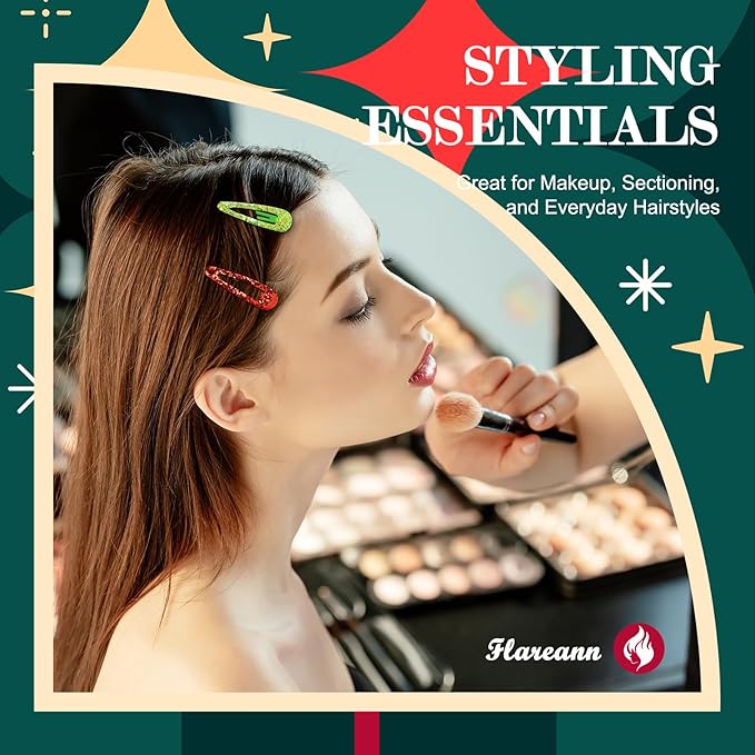 Party Snap Hair Clips by FLAREANN – 36 PCS 2 Inch Non-Slip Metal Barrettes in Glitter, Shimmer, Enamel & Metallic Finishes – Red Green Gold & Silver Hair Accessories