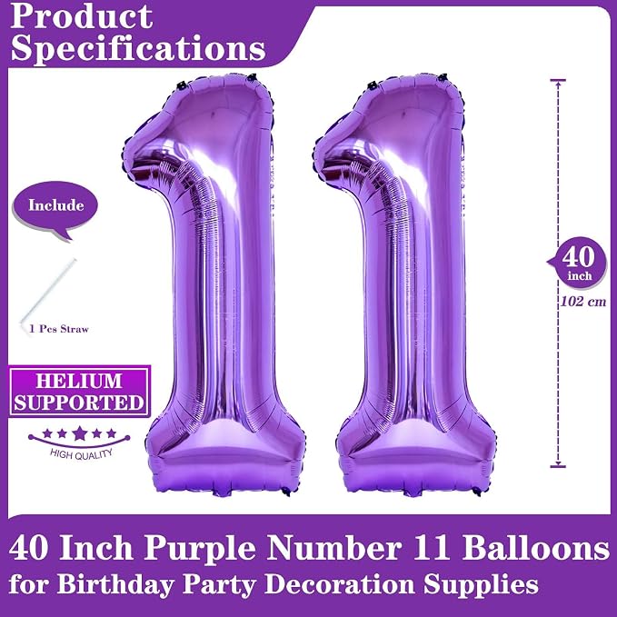 Purple 11 Number Balloons, 40 Inch Giant Number 11 Balloons Foil Mylar Helium - Image 2