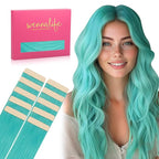 WENNALIFE Tape in Hair Extensions Human Hair Teal Green Tape in Extensions, 10pcs 20g 12 inch Remy Invisible Tape Ins Straight Colored Soft Real Human Hair Tape in Extensions Refill Set Extensions