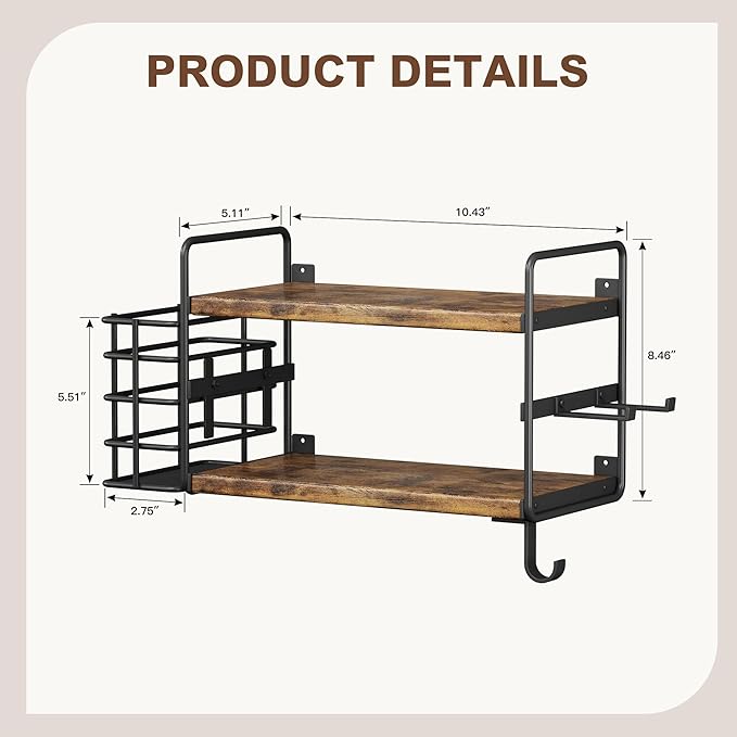 3-in-1 Wall Mounted Hair Dryer Holder with 2 Tier Shelves & Detachable Basket, Space Saving Organizer for Bathroom, Kitchen, Bedroom, Rust-Resistant, Easy Install
