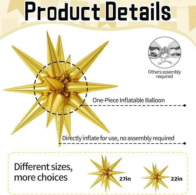 22/27 Inch Gold Red Star Balloons, Cone Spike Balloon, Aluminum Foil Balloon - Image 3