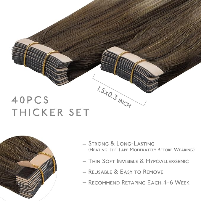 Wennalife Tape in Hair Extensions Human Hair, 40pcs 100g 22 inch Balayage Chocolate Brown to Honey Blonde Hair Extensions Real Human Hair Straight Tape in Extensions Reusable Real Hair Extensions