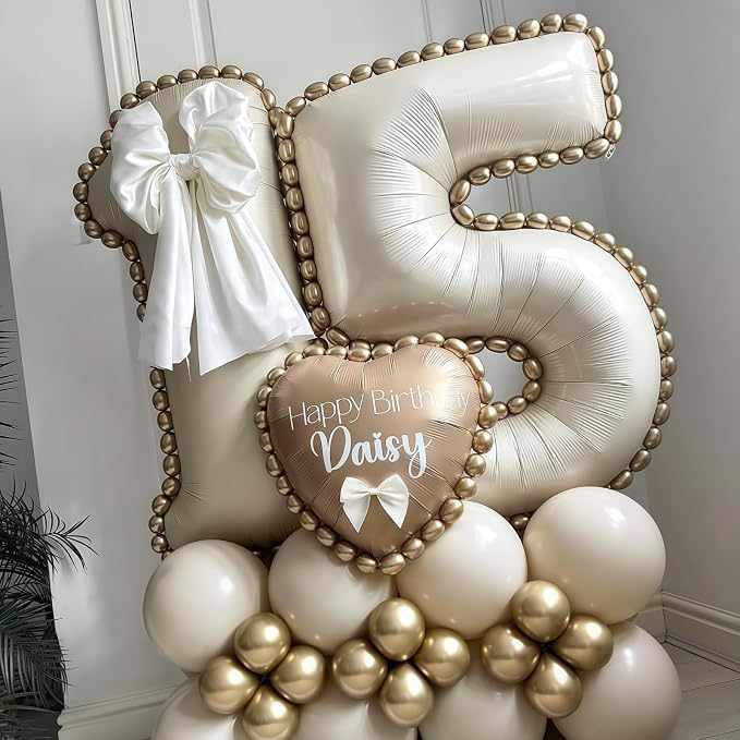 Cream Number 15 Balloons, 40 Inch 15 Balloons Giant Helium Foil Mylar Beige 15 - Image 3