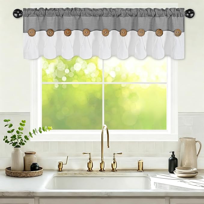 Farmhouse Valance Curtains, Boho Cotton Linen Kitchen Valance, Rustic Button - Image 2