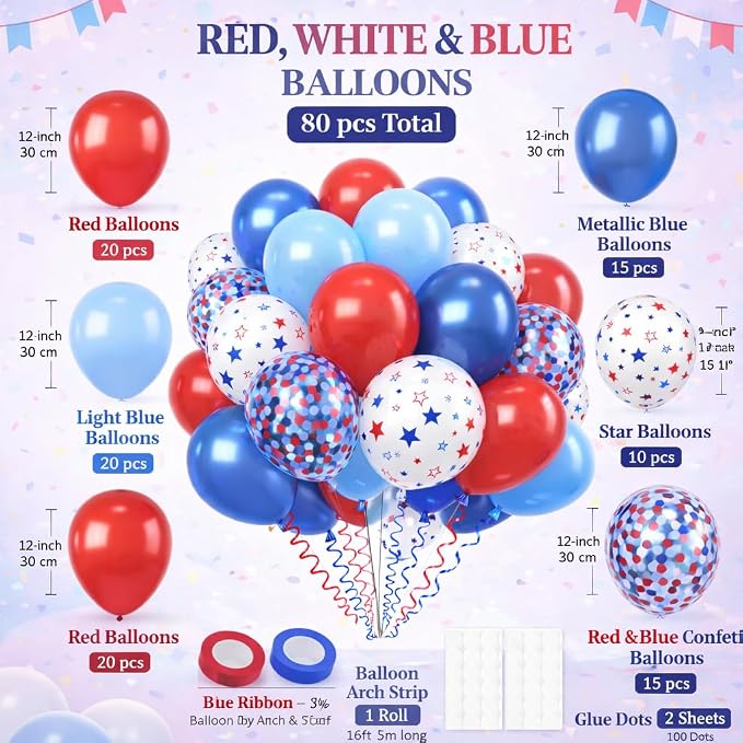 Red White Blue Star Balloons Kit, Ribbon & Glue Dots, 4th of July Decorations - Image 2