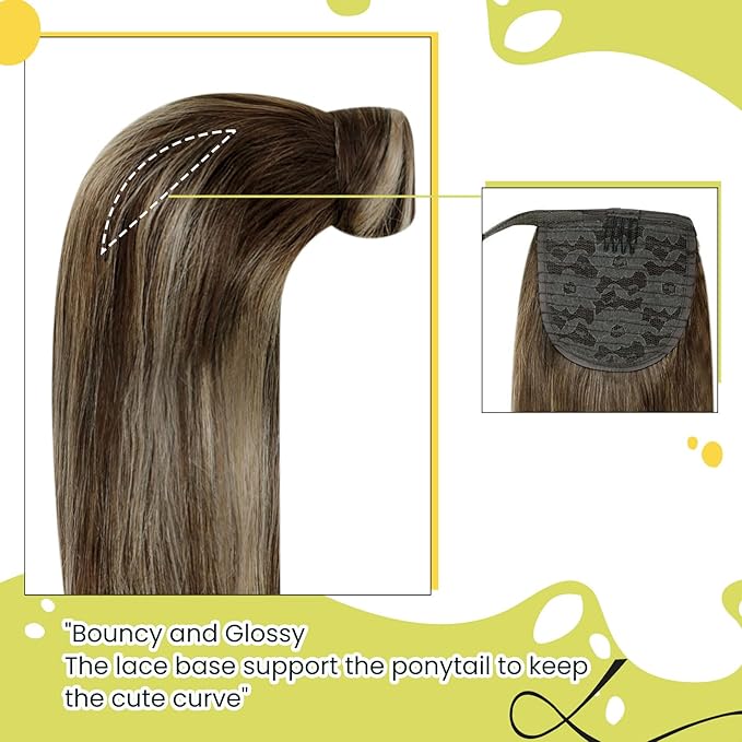 RUNATURE Human Hair Ponytail Extension, Balayage Ponytail Extension Human Hair, Straight Remy Hair Extensions with Magic Paste, 18 Inch 80g #4/27/4 Medium Brown with Honey Blonde Balayage