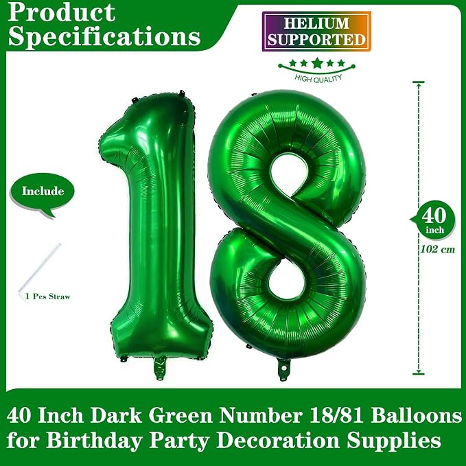 Dark Green 18 Number Balloons, 40 Inch Giant Number 18 Balloons Foil Mylar - Image 2