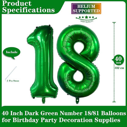 Dark Green 18 Number Balloons, 40 Inch Giant Number 18 Balloons Foil Mylar - Image 2