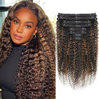 FB30 Highlight Ombre Curly Clip In Extension Human Hair 3C 4A Kinky Curly Clip Ins Full Head for Black Women Brazilian Remy Human Hair Balayage Brown 8Pcs with18clips 120g/Set (24 inch)