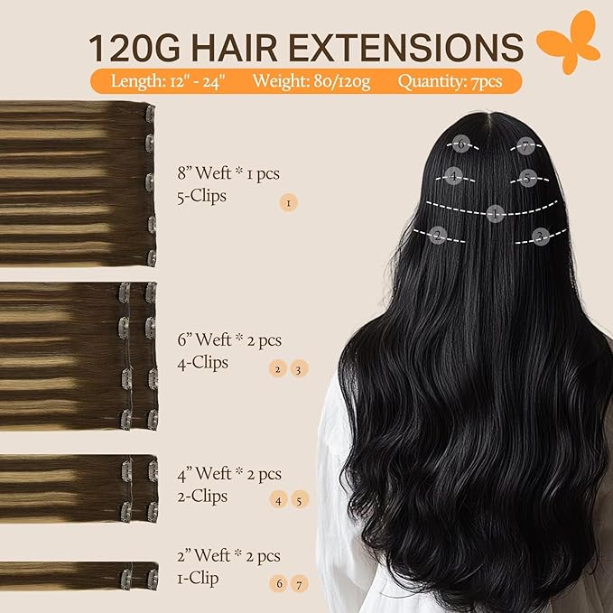 DOORES Clip in Human Hair Extensions 120g 7pcs 14 Inch Balayage Chocolate Brown to Caramel Blonde Straight Real Hair Extensions Clip in Remy Extensions Natural Hair Extensions