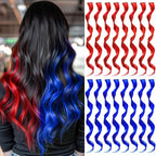 16 Pcs Colored Hair Extensions Curly Wavy Clip in Synthetic Hair Extensions,Colorful Party Highlights Hairpiece Streak for Girls Women Kids (Red Blue)