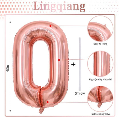 40" Rose Gold Number 0 Balloon for Girls, Large Self Inflating Helium Foil - Image 2