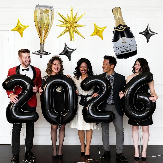 Black 2026 Balloons, 40 Inch Number 2026 Black Foil Balloons, Champagne Bottle - Image 8