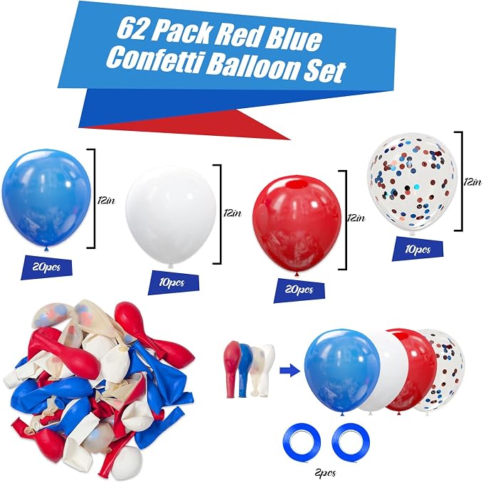62Pcs Red White and Blue Balloons Kit - Image 3