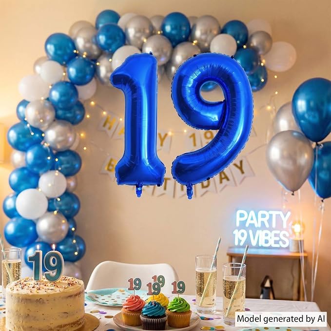 Navy Blue Number 19 Balloon 40 Inch, Shiny Metallic Numeral Party Supplies | - Image 7