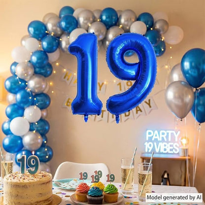 Navy Blue Number 19 Balloon 40 Inch, Shiny Metallic Numeral Party Supplies | - Image 7