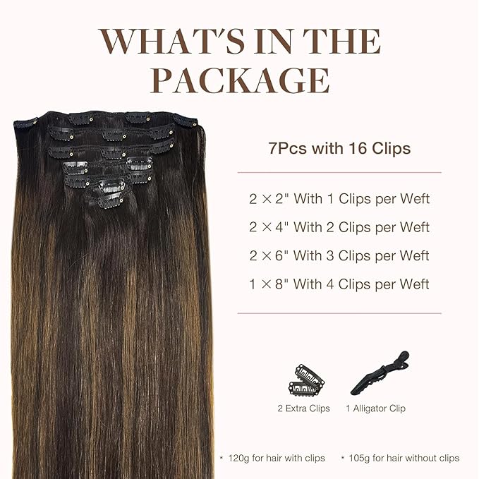 GOO GOO Clip in Hair Extensions Real Human Hair, Remy Human Hair Extensions Clip ins for Women, Natural Human Hair, 22inch 120g 7Pcs, 2/6/2 Balayage Dark Brown to Chestnut Brown