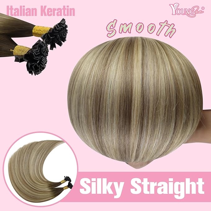 YoungSee K Tip Hair Extensions Human Hair Balayage Ktip Hair Extensions Balayage Dark Brown to Blonde with Brown 16In 1g/s 50g