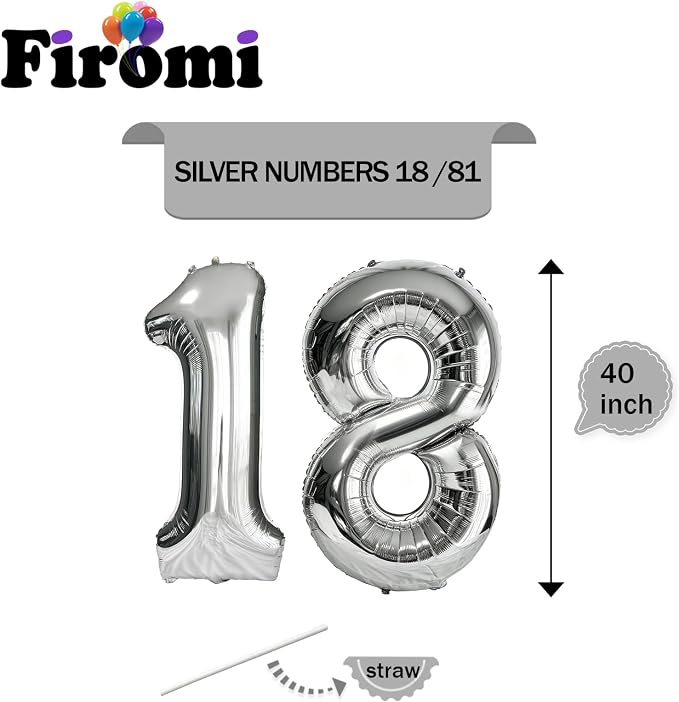 FIROMI 18 Number Balloons 40-inch Silver Big Foil Mylar 81 Balloon Numbers | - Image 2