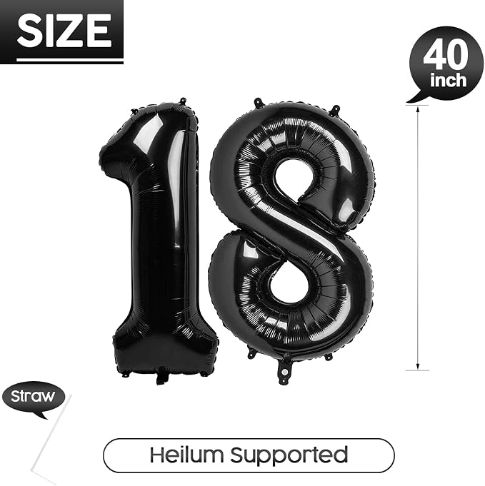 18 Balloon - Black Birthday Number Balloons, 40 Inch Decorations Men Women | - Image 5