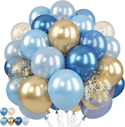 Blue and Gold Balloon, 50 Packs 12 Inch Metallic Blue Pearl Double Stuffed Blue by BIAPIAN