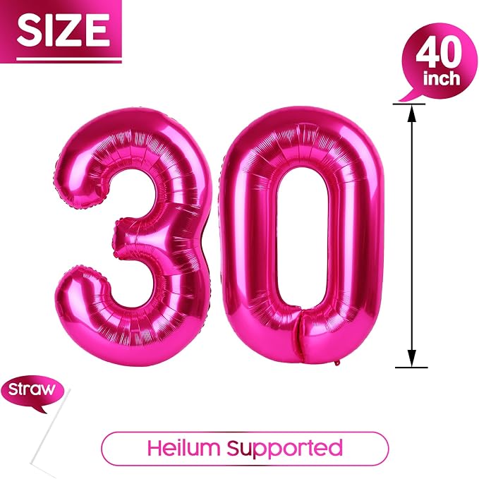 30 Balloon - Hot Pink Birthday Number Balloons, 40 Inch Party Decorations | Hot - Image 5