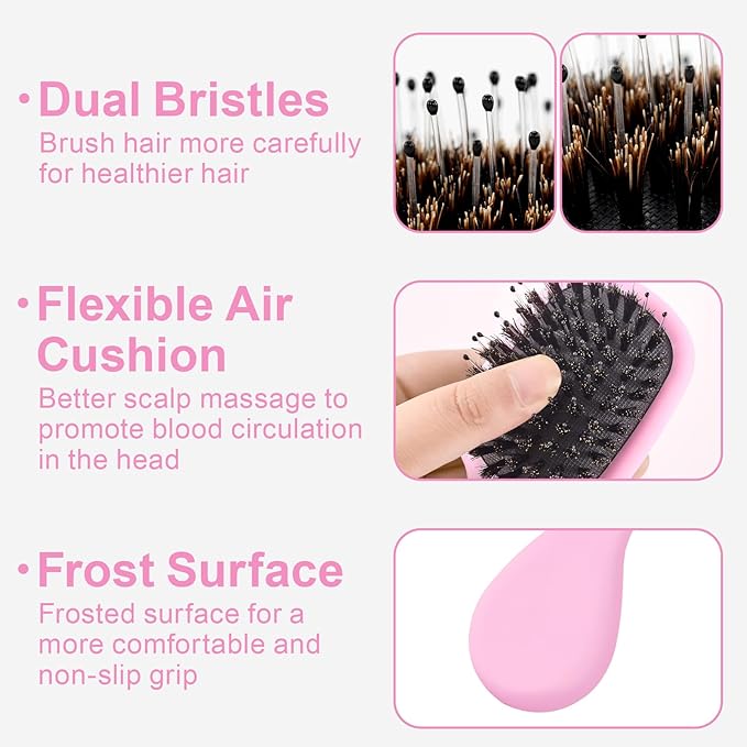 Mini Boar Bristles Hair Bursh, Travel Size Hair Brush for Women Men Kids, Protable Small Hair Brush for Pockets Purses, Mini Detangler Brush for Smooth Add Shine(Pink)